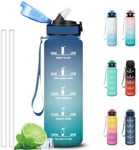 Grsta Gourde Sport 1 litre, Gourdes avec Paille, Verrou de Sécurité, Gourde Graduée pour 1 Journee, avec Marqueur de Temps, Anti Fuite Bouteille Motivation pour Randonnée, Bureau, Gym