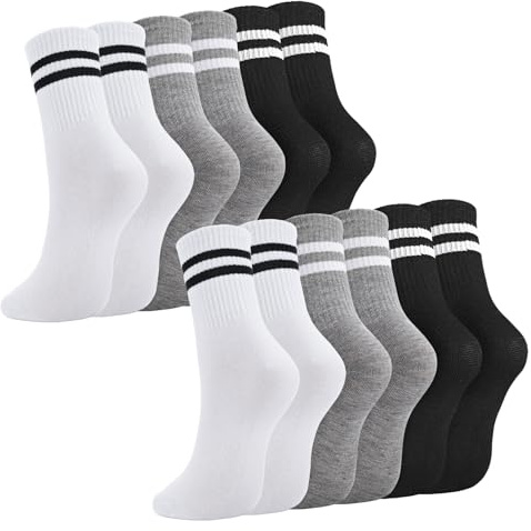 Utensilsto 6 paia di calzini da uomo e donna, 35 – 38, 39 – 42, 43 – 46, calzini sportivi da tennis, a righe, in cotone, per uomo e donna, colore nero, grigio, bianco, Nero / Grigio / Bianco, 35-38