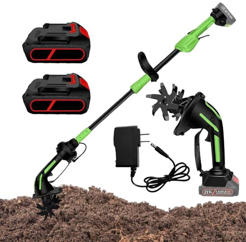 Fresa da giardino a batteria 2 in 1, 21 V, con 2 batterie da 3000 mAh, 4 coltelli in metallo e manico da 1,3 m, velocità di rotazione 235 giri/min, larghezza di lavoro 10 cm, profondità di lavoro per
