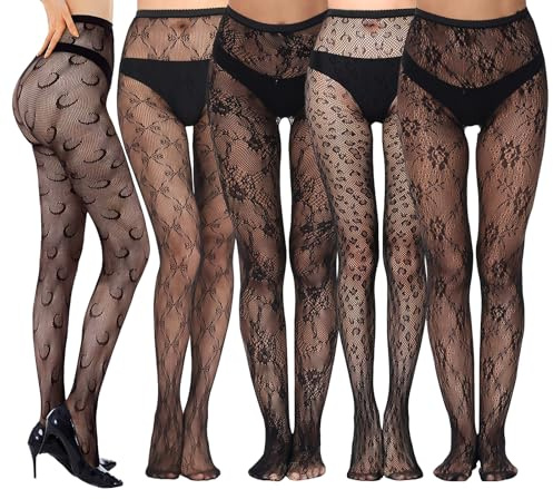 Eniyou 5 Paires Collant Fantaisie Femme Collant Dentelle Noire Coll-ant Dentelle Noir Collan-t Motif Femme avec Fleurs,Lune,Imprimé léopard,Nœud Papillon,Sexy,Idéal pour les Fêtes,Cosplay,Spectacles