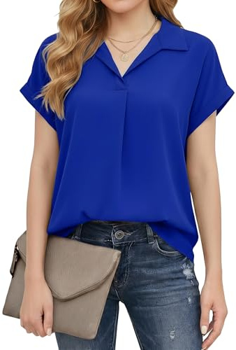 Enmain Women's Blouses Short Sleeve Summer V Neck Chiffon Tops for Women UK Work Casual Ladies Business Collared Shirts Solid