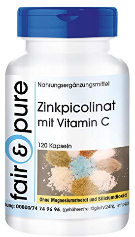 Fair & Pure Zinkpicolinat 15mg mit Vitamin C, 120 Kapseln, Nahrungsergänzungsmittel vegan ohne Magnesiumstearat, in Deutschland hergestellt