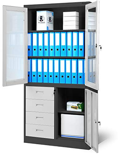 Jan Nowak Aktenschrank C042 Büroschrank Metallschrank Flügeltüren Schubladen Pulverbeschichtung Stahlblech 185 cm x 90 cm x 40 cm (H x B x T) (Weiß)