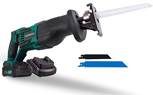 Scie Sabre Sans Fil VONROC 20V - Scie Électrique - Maniabilité, Polyvalence et Sécurité Assurées - Batterie 2.0AH, Chargeur & 3 Lames de Scies Inclus - Coupe Plastique, Métal et Arbre