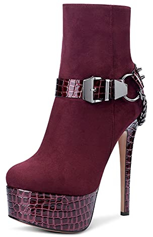 Castamere Donna Stivali alla Caviglia Cerniera Boots Plateau Tacco a Spillo 15CM High Heels Rosso Borgogna Scarpe EU41