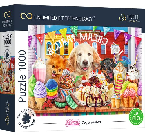 Trefl 10699 1000 Elements, The Thickest Cardboard, Organic, Dogs, Animals, Cute Picture, Sweets, Ice, Entertainment for Adults and Children from 12 Years, Puzzle Cuteness Overload: Doggy Peekers
