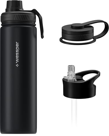 Wessper Thermosflasche Edelstahl 700 ml, Thermo isolierflasche mit Drei Austauschbaren Deckel, Thermo Trinkflasche für Heiße und Kalte Getränke, BPA-frei - Schwarz