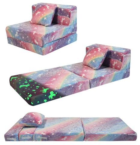 MeMoreCool Spielsofa Kindersofa, Glow-Kinder Sofa, Kinder-Klappsofa, Flip-Sofa Kindercouch, Z-Bett, kindersofa ausklappbar, Bodenbett, Klappcouch für Spielzimmer, Einhorn