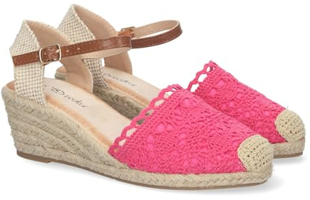 81314-Sandalia de Cuna para Mujer, Estilo Valenciana, Cuna de Yute, Pala Bordada, y Cierre de Hebilla.. Talla 38 Fucsia