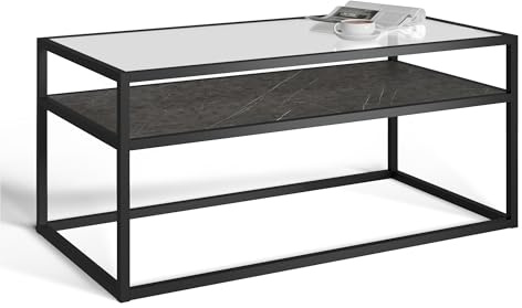URBNLIVING Glass Display Top Coffee Table with Steel Frame Reversible Wooden Storage Shelf