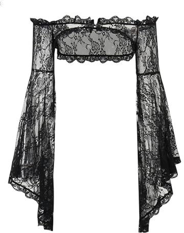 Bolero de Encaje Negro para Mujer, Chaqueta Recortada de Manga Corta Acampanada, Encogimiento de Hombros para Boda, Fiesta de graduación, Disfraces góticos, Tops-2-L