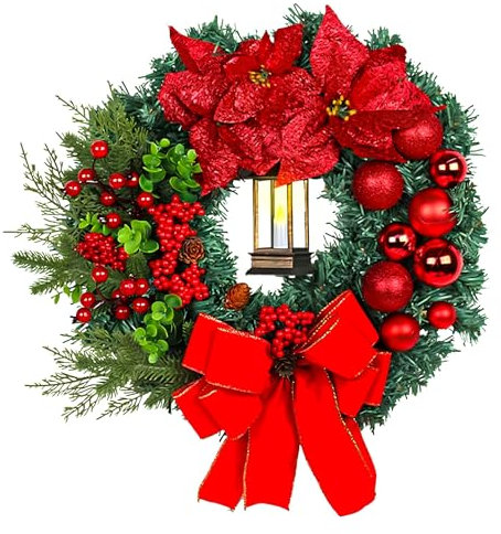 Couronne de Porte de Noël 40cm - Artificielle avec Lumière LED, Réutilisable pour Décoration de Porte D'entrée, Mur, Fenêtre
