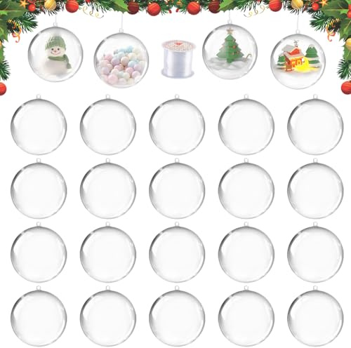 8CM Sfera di Plastica Trasparente, dellyy 20 Pezzi Palline di Natale Trasparenti Apribili, Sfere Plastica Trasparente Apribile, Palla Decorativa In Plastica Fai da Te con 50 Metri di Filo Decorativo