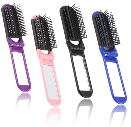 GUTERTOP 4 Stück Faltbare Mini Haarbürste, Tragbare Faltbare Tasche Reisehaarbürste, mit Reise Spiegel Mini Hair Brush für MäNner Frauen und Mädchen(4 Farben)