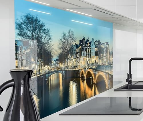 timalo Herd Spritzschutz Wand Spüle, Küche Küchenrückwand Glasoptik | Acryl Glas 2mm | Glasrückwand Acrylglas Küchenpaneele Rückwandschutz Platte | 60x52cm Romantisches Amsterdam Brücke