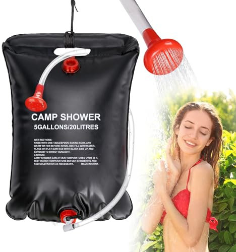 Inoamity Solar-Duschtasche, tragbar, 20 l, Camping, schnelle Erwärmung auf 45 °C, mit abnehmbarem Schlauch, verstellbarer Kopf, faltbar, für Wandern, Klettern, Reisen (20 l, 1 Stück)