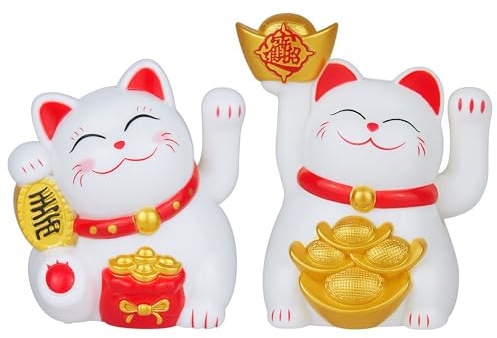 XSQD 2 Pieces Mini 2-Inch Lucky Cats, Solar Energy Yuanbao Lucky Cat Waving Arm, Waving Cats Receive Blessings And Gather Wealth, Suitable For Car, Front Desk, Office, Living Room, Decoration