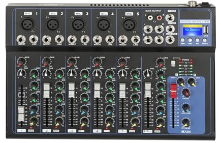 7 Channel Audio Mixer, DJ Sound Controller Interface, with Multi-Track USB Bluetooth and 48V Phantom power, for Computer Recording Input XLR Microphone Jack, fits Karaoke PC Live Performance Stage