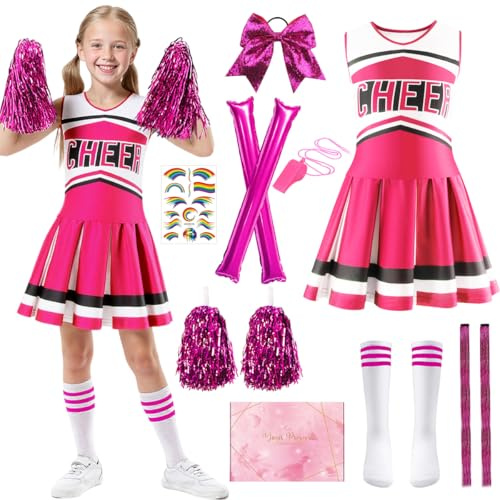 TOSZOLY Disfraz Animadora Niña, Disfraz Cheerleader Niña, Traje de Uniforme de Animador Con Bolas de Flores, Calcetines, Adecuado para Carnaval Halloween Espectáculos de Baile