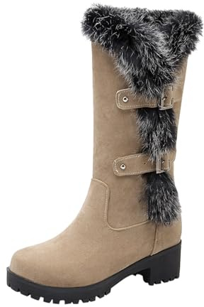 Generisch Bottes d'hiver chaudes en fourrure pour femme, boucle de ceinture, semelles épaisses, bottes mi-mollets avec talons épais, Blanc., 41 EU
