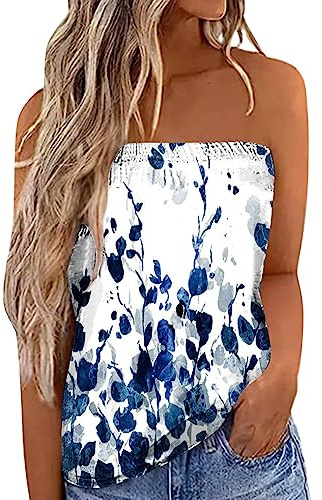 HAOLEI Bandeau Tops Women UK Elegant Strapless Tube Tops Backless Sexy Going Out Pleated Stretch Summer Tunic Shirts Vintage Print Blouse Smocked Skinny Camis Y2k Sleeveless Tank Tops Ladies