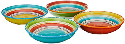 Mariachi 9.25 Ceramic Soup & Pasta Bowls, Set of 4 – 38 oz Multicolor Striped Fiesta Bowls for Chili, Ramen, Salad & Entertaining, Microwave & Dishwasher Safe Southwest Dinnerware
