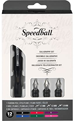 Speedball Juego de pluma estilográfica de caligrafía, 1 pluma estilográfica, 3 puntas, 8 cartuchos de tinta, caligrafía, escritura, letras, arte, manualidades, artistas, aficionados, entusiastas
