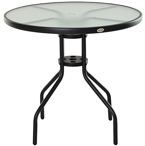 Outsunny Table Ronde Bistro de Jardin dim. Ø 80 x 72H cm Espace Installation Parasol Acier époxy Noir Plateau Verre trempé