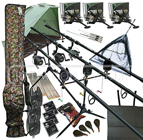 Camo Mega Carp Fishing Set Up Kit Rods Reels Rigs Alarms Bait Tackle Tools Mat