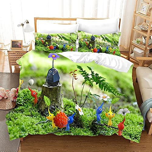 NICHIYOBI Pikmin Duvet Cover Bedding Set - Duvet Cover and Pillowcase, Microfibre, 3D Digital Print, Three-Piece Bed Linen (4, Single 135 x 200 cm + 80 x 80 cm)
