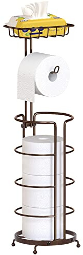 Toilet Roll Holder Free Standing, Toilet Paper Holder with Top Shelf for Storage Rolls/Phone/Magazine, Tissue Dispenser Organizer Holder for Bathroom(Brown)