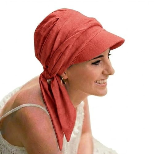 CAREBELL Gorra Amalfi con Cintas largas para Alopecia, pérdida de Cabello, Cáncer en Tejido de bambú (Coral 37)