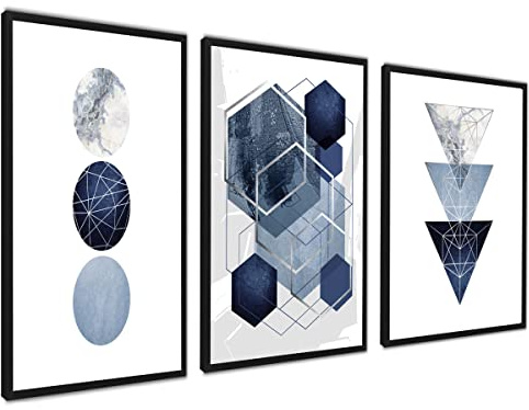 Premium affischset collage | dekoration lägenhet modern | väggdekoration vardagsrum sovrum | blåsilver | 3 stycken | trianglar och cirklar triptyk abstrakt | utan bildram (21 x 30 cm A4)