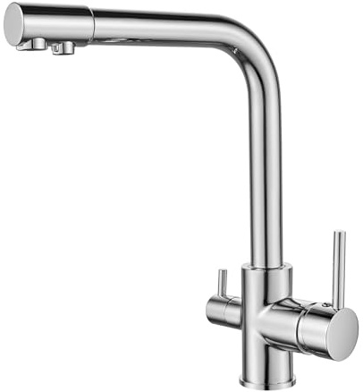 KEOKBON 3 Wege Wasserhahn Küche, 360° Drehbar Küchenarmatur, 3 in 1 Mischbatterie für Wasserfilter, Messing Armatur Spültischarmatur, Trinkwasserhahn 2 Hebel Chrom
