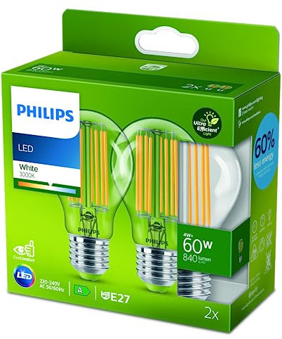 Philips LED Classic ultraeffiziente E27 Lampen 2er-Pack (60 W), LED Lampen mit neutralweißem Licht, energiesparende Lampen mit langer Nutzlebensdauer, Energieeffizienzklasse A