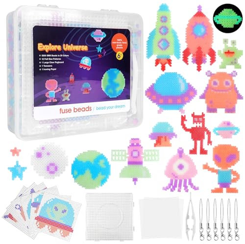 Homgaty Fuse Beads Kit, 5000 PCS Glow in The Dark Iron Beads Crafting Melting Bead Set for Beginners, 16 Styles Alien UFO Patterns Bead Pegboards, Tweezers, Ironing Paper for DIY Craft Making