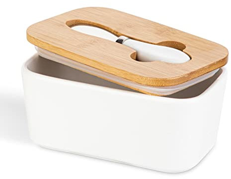 Ceramic Butter Dish with Wooden Lid and Multi-Functional Stainless Steel Knife, Butter Container with Silicone Seal, White