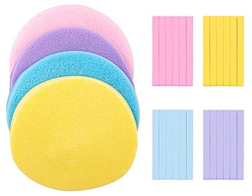 Kytpyi eponge maquillage, eponge visage, 48 éponges pour le visage compressées ronde réutilisable, éponge visage pour le démaquillage du visage, le nettoyage du visage (jaune, violet, rose, bleu)