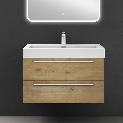 doporro Meuble de Salle de Bain Suspendu 90cm Ensemble de 2 Pièces | Marron Clair, Lavabo en Solid Surface, 2 Tiroirs, Design Quadratto