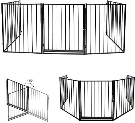 Herrselsam Kaminschutzgitter mit Tür, 304 cm Metall-Kaminschutzgitter, Set aus fünf klappbaren Tier- und Kinderschutzgittern, Treppenschutzgitter, schwarz (je 60 x 75 cm)