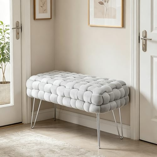 Madera Nieve Banco de Cosmética Moderno de Terciopelo, Otomana Rectangular con Patas de Metal Plateado, Asiento Acolchado de Tejido Terciopelo (Gris Claro, 38P x 70An x 41.5Al cm)