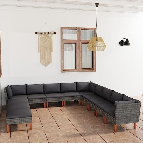 AUVYI Juego de 12 sillas de jardín con cojines de polirratán gris, 60,5 x 64,5 x 67 cm, silla de balcón, sofá, comedor, grupo de bancos de esquina, muebles de jardín, tumbonas, sillones, sillones,