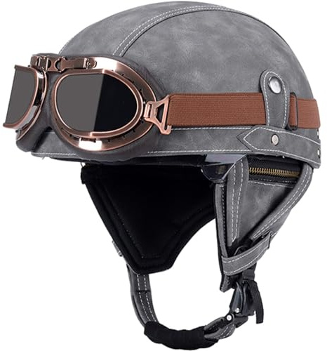 Läder halvhjälm tysk stil retro motorcykelhjälm scooter cruiser chopper anti-kollisionshjälm avtagbart hörselskydd med visir ECE-certifierad scooter mopedhjälm