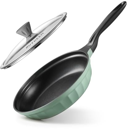 BUYDEEM Cast Aluminum Non Stick Frying Pan 10.2 Inch, Rapid Even Heating Skillet with Glass Lid, All Stovetops Compatible, No PFAS/PFOA Egg Pan with Cool Handle, Cheflite Series CP151 Cozy Greenish