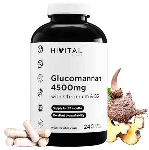 Glucomannane 4500 mg. 240 gélules végétaliennes pour 1,5 mois de traitement. Glucomannane issu de la fibre végétale de la racine de Konjac avec du Chrome et Vitamine B3. Fabriqué en Europe par HIVITAL