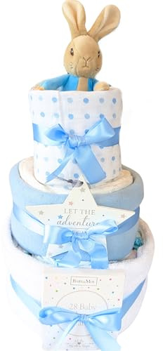 Peter Rabbit Baby Boy Gift Welcome to The World 3 Tier Nappy Cake for New Parents & Baby Boy Blue Newborn Baby boy Gift hampers