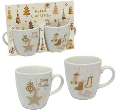MA MAISON Linea Gold in Ceramica Set Regalo Natalizio - Tazze e Tazzine da Caffè - per Bevande Fredde e Calde Fantasia Oro e Bianca con Decori Natalizi (Set 2 Tazzine)
