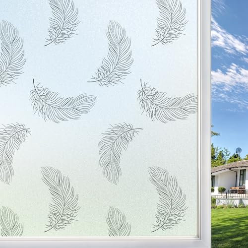 Qualsen Window Film Privacy Film for Glass Windows Decorative Feather Pattern Opaque Frosted Window Film Reusable Anti-UV Static Cling Self Adhesive Glass Frosting Film for Home Office 60x200cm
