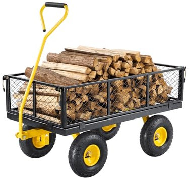 VEVOR Carrito Resistente de Jardín de Acero de 1840 x 560 x 535 mm con Neumáticos de 10, Laterales de Malla Extraíbles y Manija Giratoria de 180°, Capacidad de Carga de 408,23 kg, Amarillo y Negro