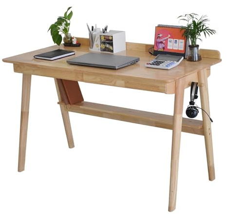 BuyUp Holz-Schreibtisch mit Schublade und Hängestange, Wooden Computertisch im Heimbüro Büro Schreibtisch Massivholz Sekretär Tisch Vintage für Büro und Home-Office Holzfarbe,120 * 60CM